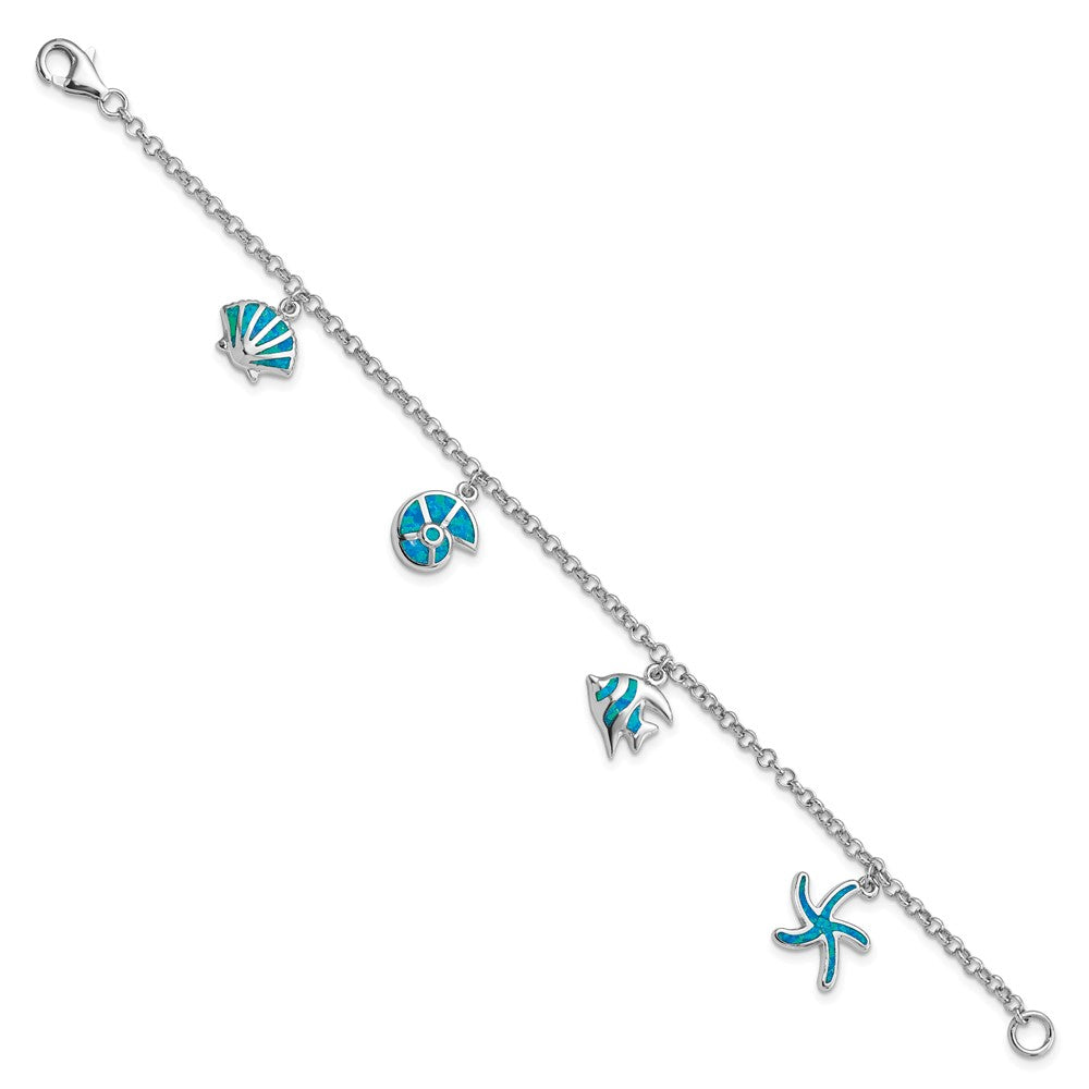 Sterlingsilber Rhodium Erzeugt Opal Fisch und Shells Charm 7.25 Zoll Armband