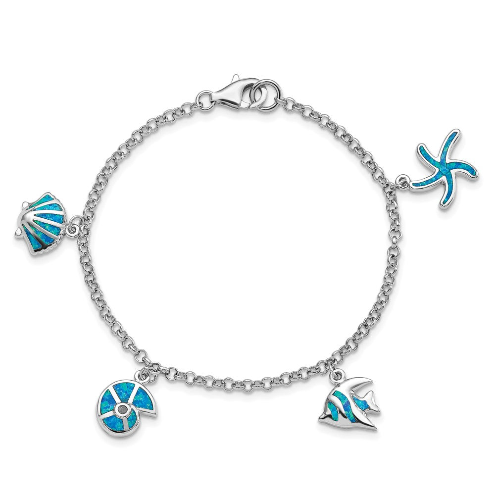 Sterlingsilber Rhodium Erzeugt Opal Fisch und Shells Charm 7.25 Zoll Armband