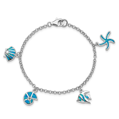 Sterlingsilber Rhodium Erzeugt Opal Fisch und Shells Charm 7.25 Zoll Armband