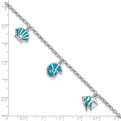 Sterlingsilber Rhodium Erzeugt Opal Fisch und Shells Charm 7.25 Zoll Armband