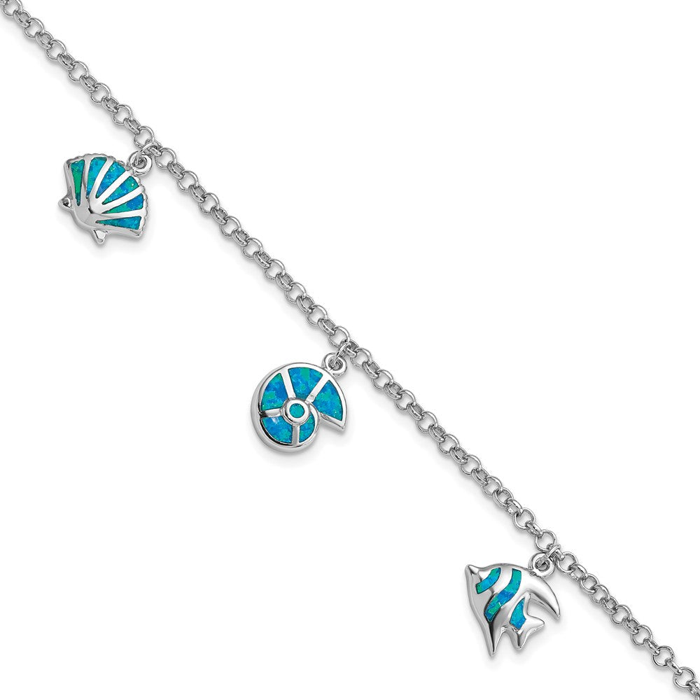 Sterlingsilber Rhodium Erzeugt Opal Fisch und Shells Charm 7.25 Zoll Armband
