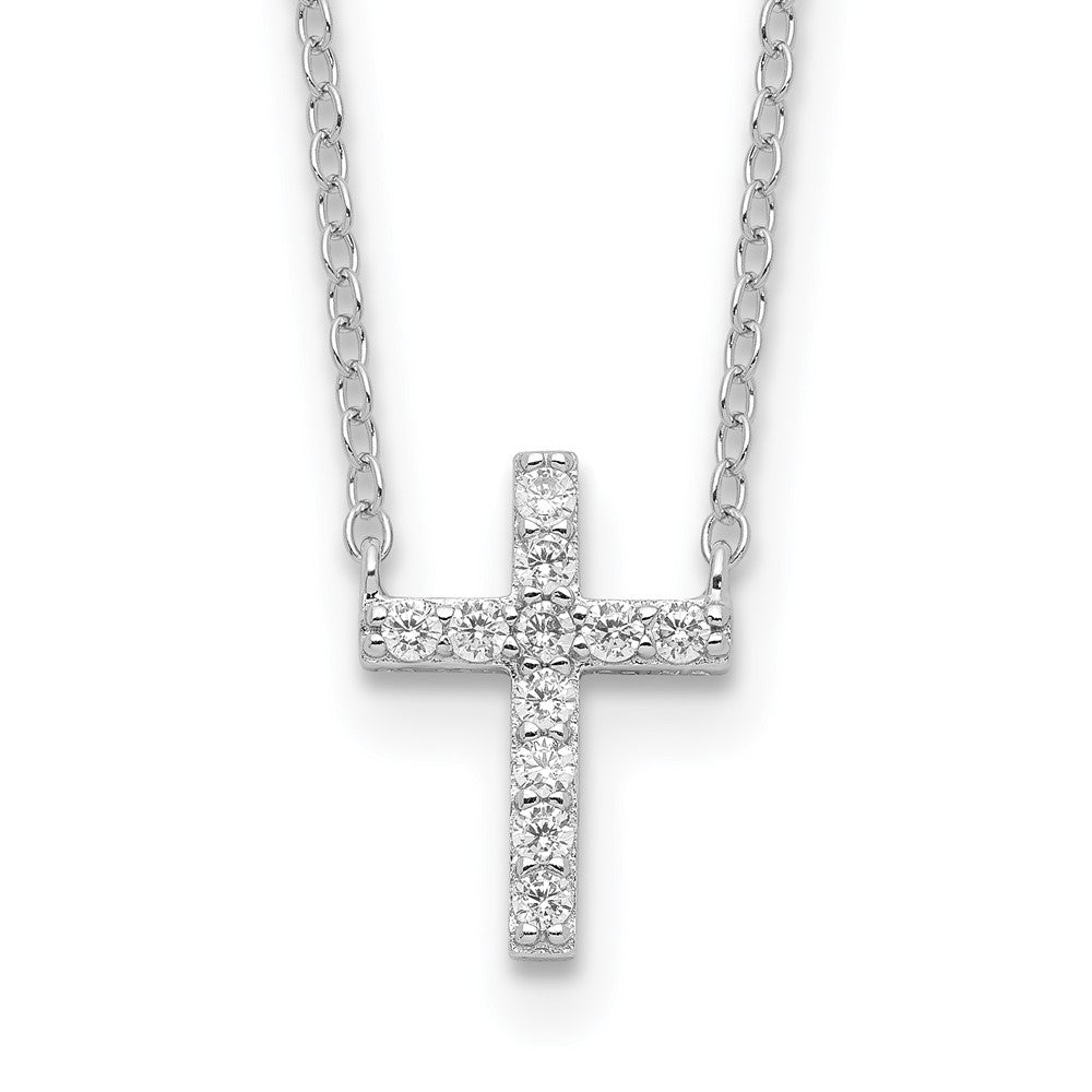 Sterlingsilber Rhodiniert Zirkonia Kreuz mit 2 Zoll Verlängerung. Halskette