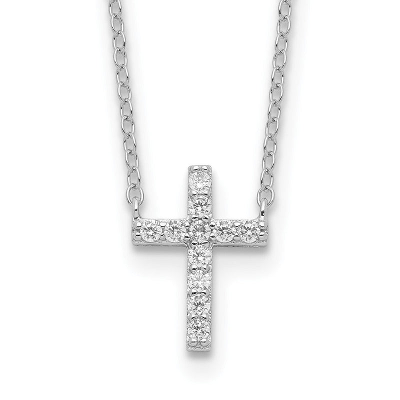 Sterlingsilber Rhodiniert Zirkonia Kreuz mit 2 Zoll Verlängerung. Halskette