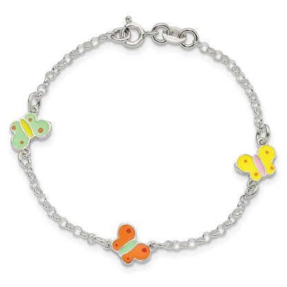 6 Zoll Sterlingsilber Poliert Mehrfarbig Emaille Butterflies Kinder Armband