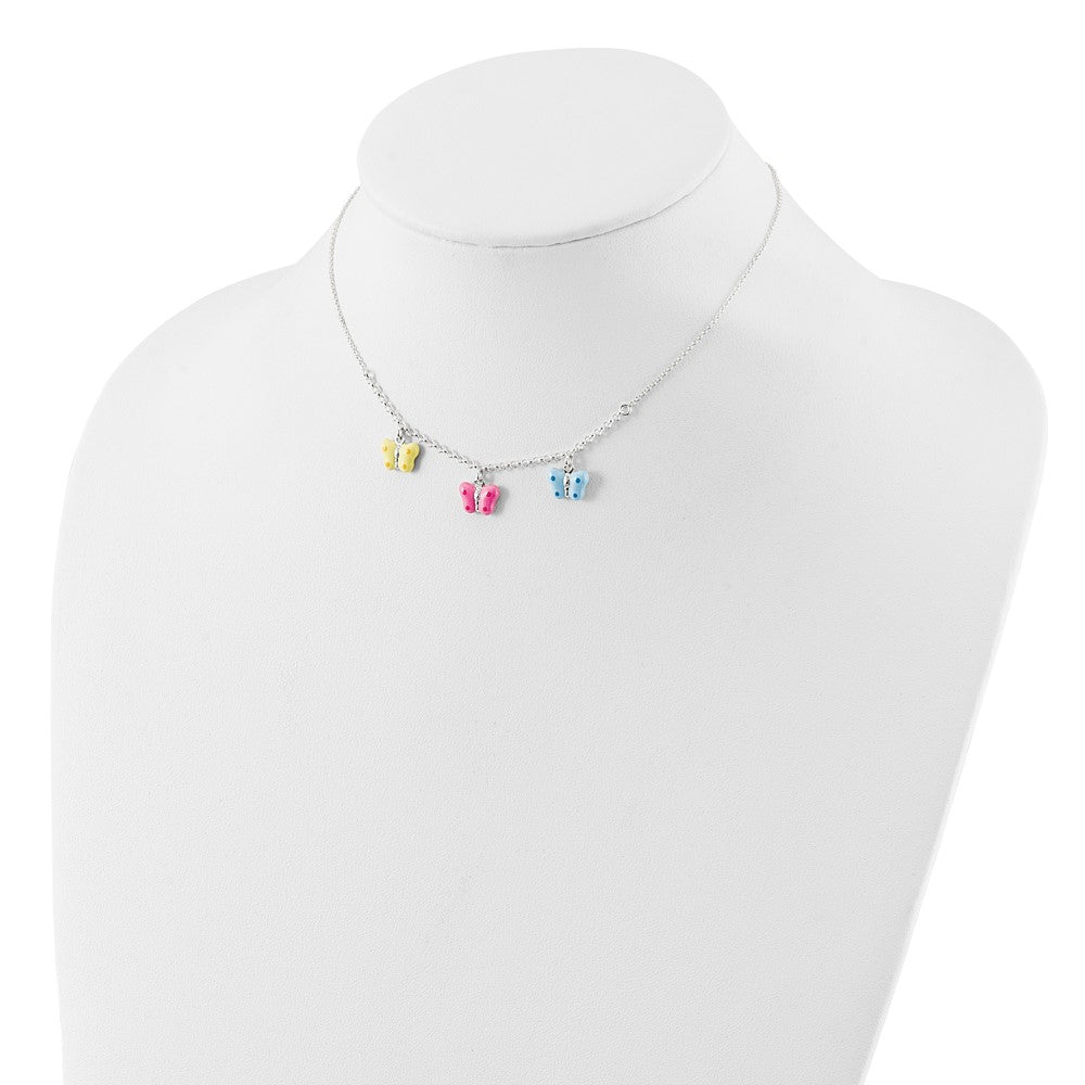 Sterlingsilber Poliert Gelb, Rosa und Blau Emailliert Drei Schmetterling Kinder Halskette