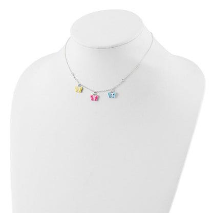 Sterlingsilber Poliert Gelb, Rosa und Blau Emailliert Drei Schmetterling Kinder Halskette