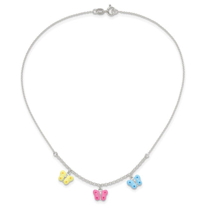 Sterlingsilber Poliert Gelb, Rosa und Blau Emailliert Drei Schmetterling Kinder Halskette