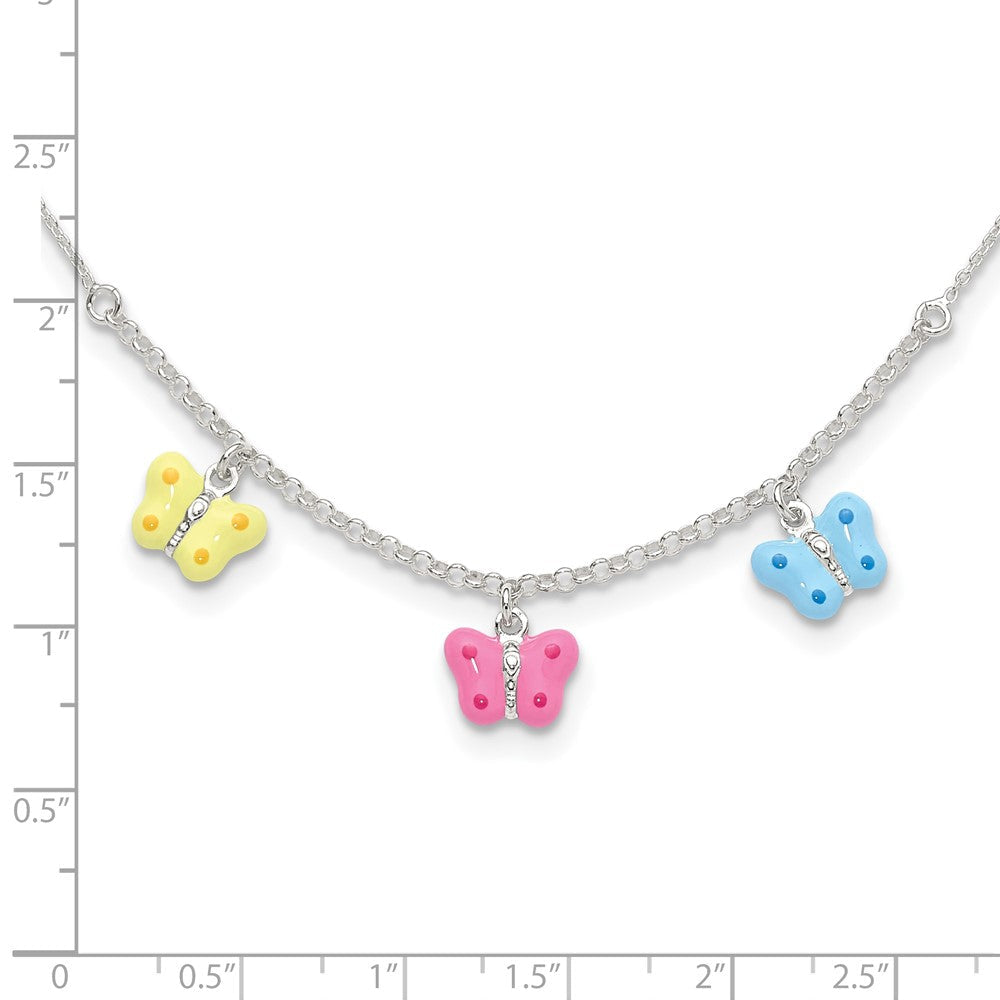 Sterlingsilber Poliert Gelb, Rosa und Blau Emailliert Drei Schmetterling Kinder Halskette