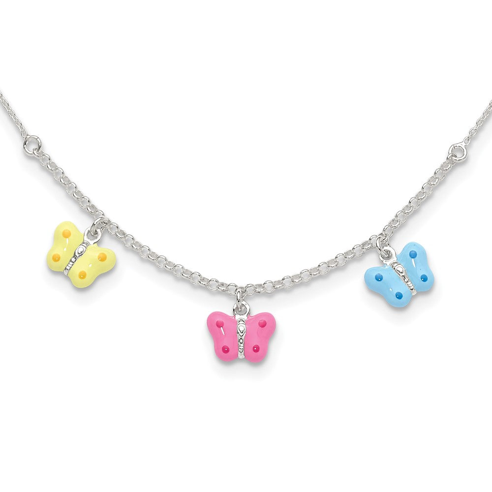 Sterlingsilber Poliert Gelb, Rosa und Blau Emailliert Drei Schmetterling Kinder Halskette