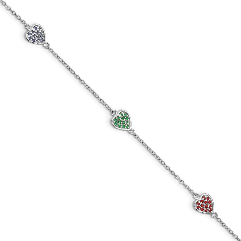 7 Zoll Sterlingsilber Rhodiniert Rot, Grün und Blau Glas Herzen mit 1 Verlängerung Armband