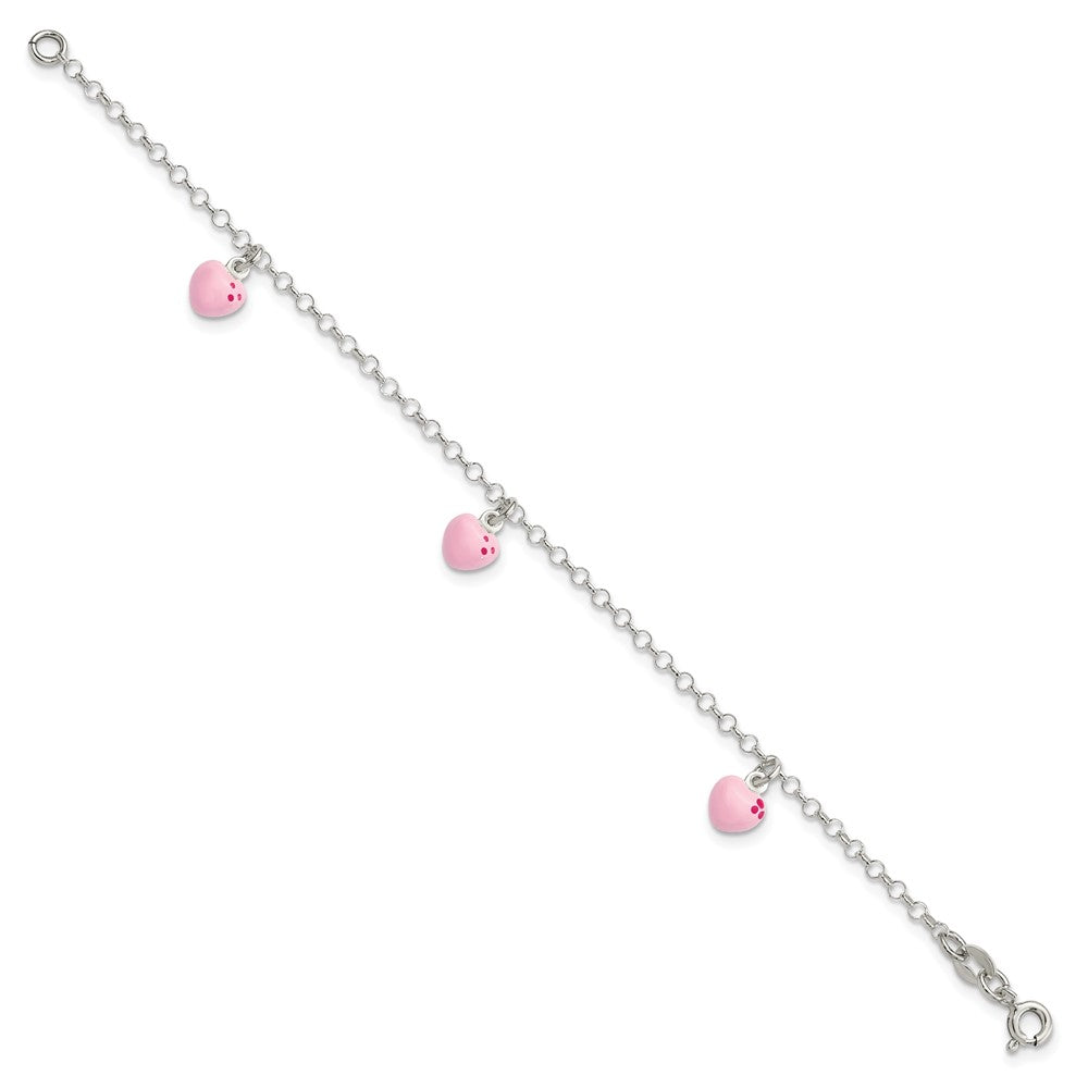 6 Zoll Sterlingsilber Poliert Rosa Emailliert Herzen Kinder Armband