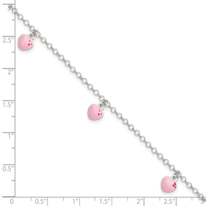 6 Zoll Sterlingsilber Poliert Rosa Emailliert Herzen Kinder Armband
