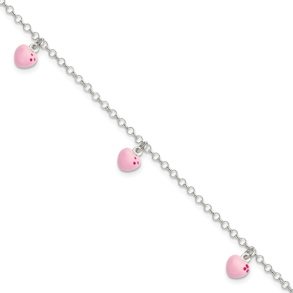 6 Zoll Sterlingsilber Poliert Rosa Emailliert Herzen Kinder Armband