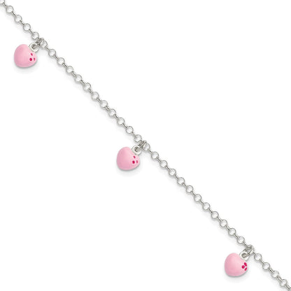 6 Zoll Sterlingsilber Poliert Rosa Emailliert Herzen Kinder Armband