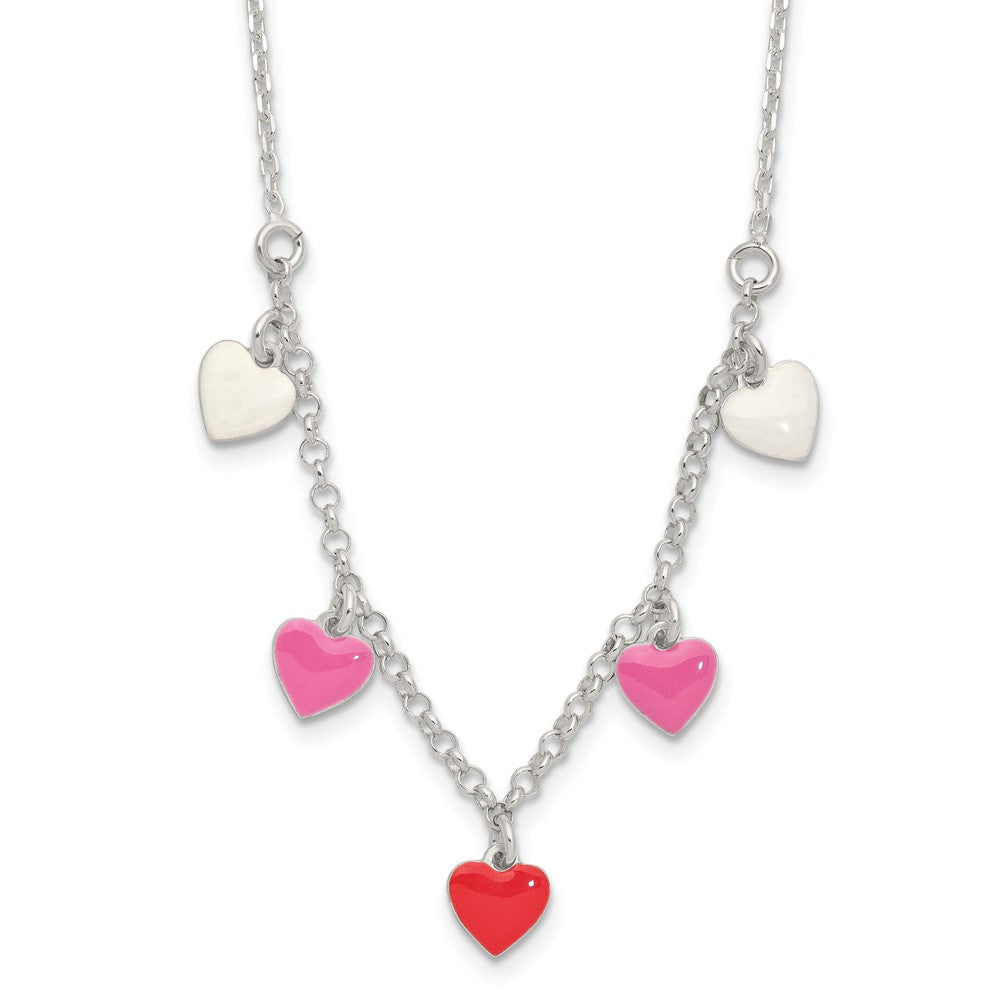 Sterlingsilber Poliert Rosa/red/white Emaille Herz Kinder Halskette