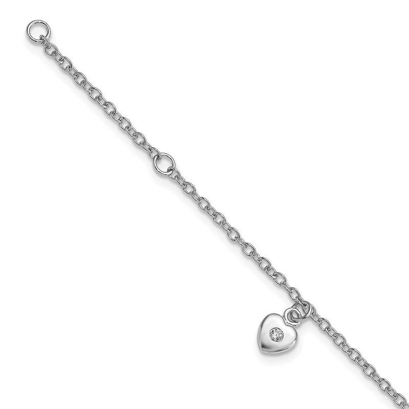 6.5 Zoll Sterlingsilber Rhodiniert Poliert Zirkonia Herz mit 1 Zoll Verlängerung. Kinder Armband