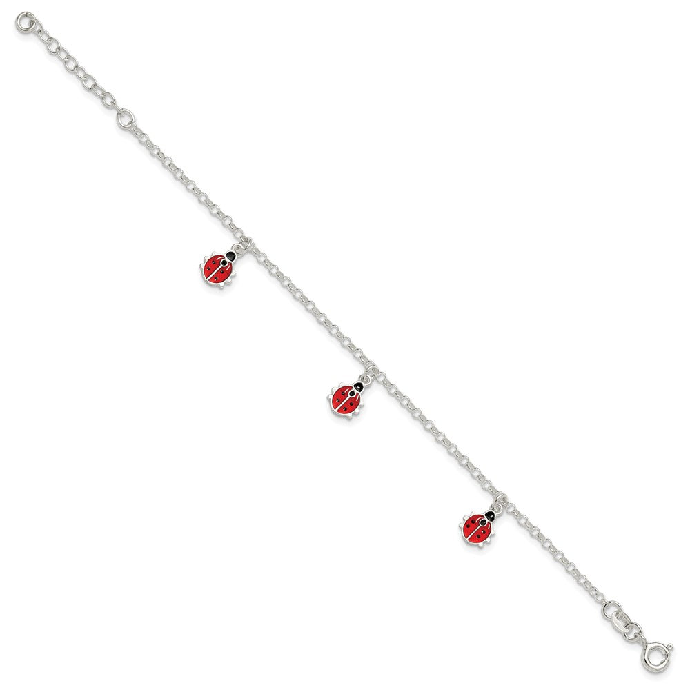 7 Zoll Sterlingsilber Poliert Emailliert Ladybugs mit 1 Zoll Verlängerung. Kinder Armband