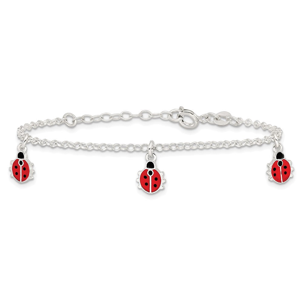 7 Zoll Sterlingsilber Poliert Emailliert Ladybugs mit 1 Zoll Verlängerung. Kinder Armband