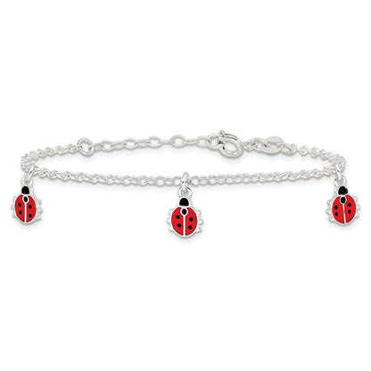 7 Zoll Sterlingsilber Poliert Emailliert Ladybugs mit 1 Zoll Verlängerung. Kinder Armband