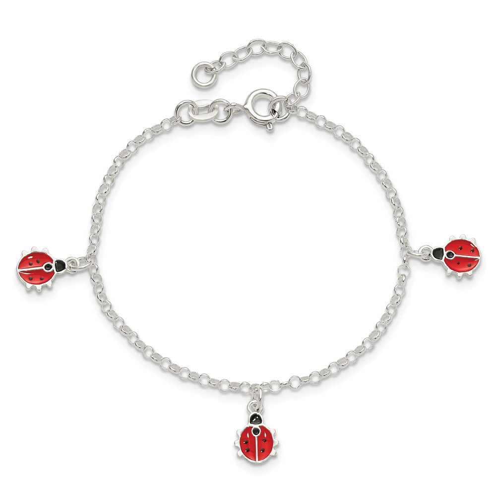 7 Zoll Sterlingsilber Poliert Emailliert Ladybugs mit 1 Zoll Verlängerung. Kinder Armband