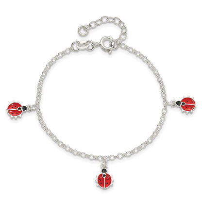 7 Zoll Sterlingsilber Poliert Emailliert Ladybugs mit 1 Zoll Verlängerung. Kinder Armband
