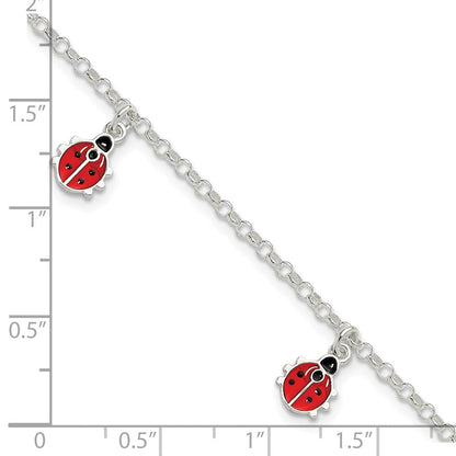7 Zoll Sterlingsilber Poliert Emailliert Ladybugs mit 1 Zoll Verlängerung. Kinder Armband