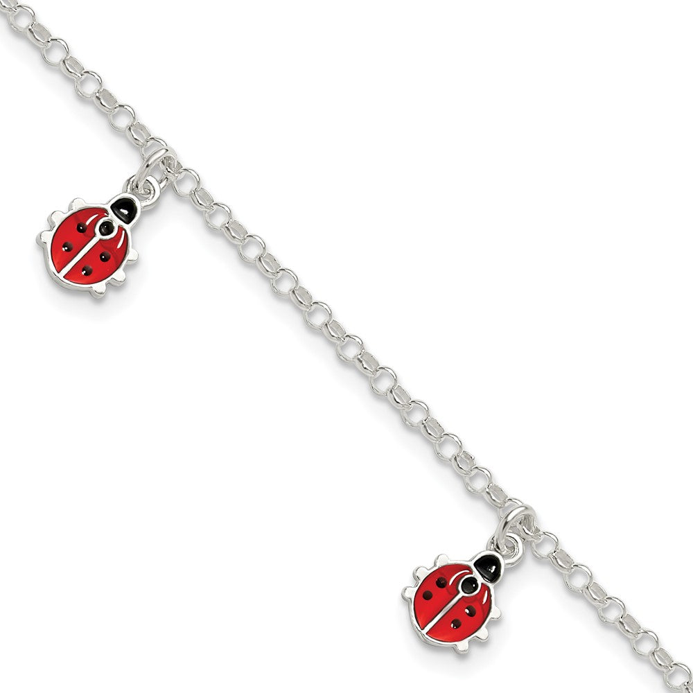 7 Zoll Sterlingsilber Poliert Emailliert Ladybugs mit 1 Zoll Verlängerung. Kinder Armband