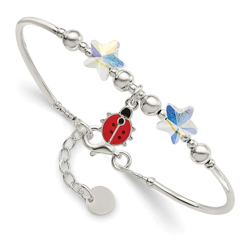 6.75 Zoll Sterlingsilber Poliert Emailliert Marienkäfer & Kristall Sterne Mit.75 Verlängerung Kinder Armband