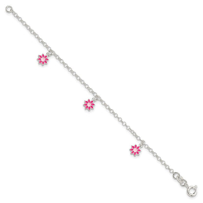 6 Zoll Sterlingsilber Poliert Rosa Emailliert Blumen Kinder Armband