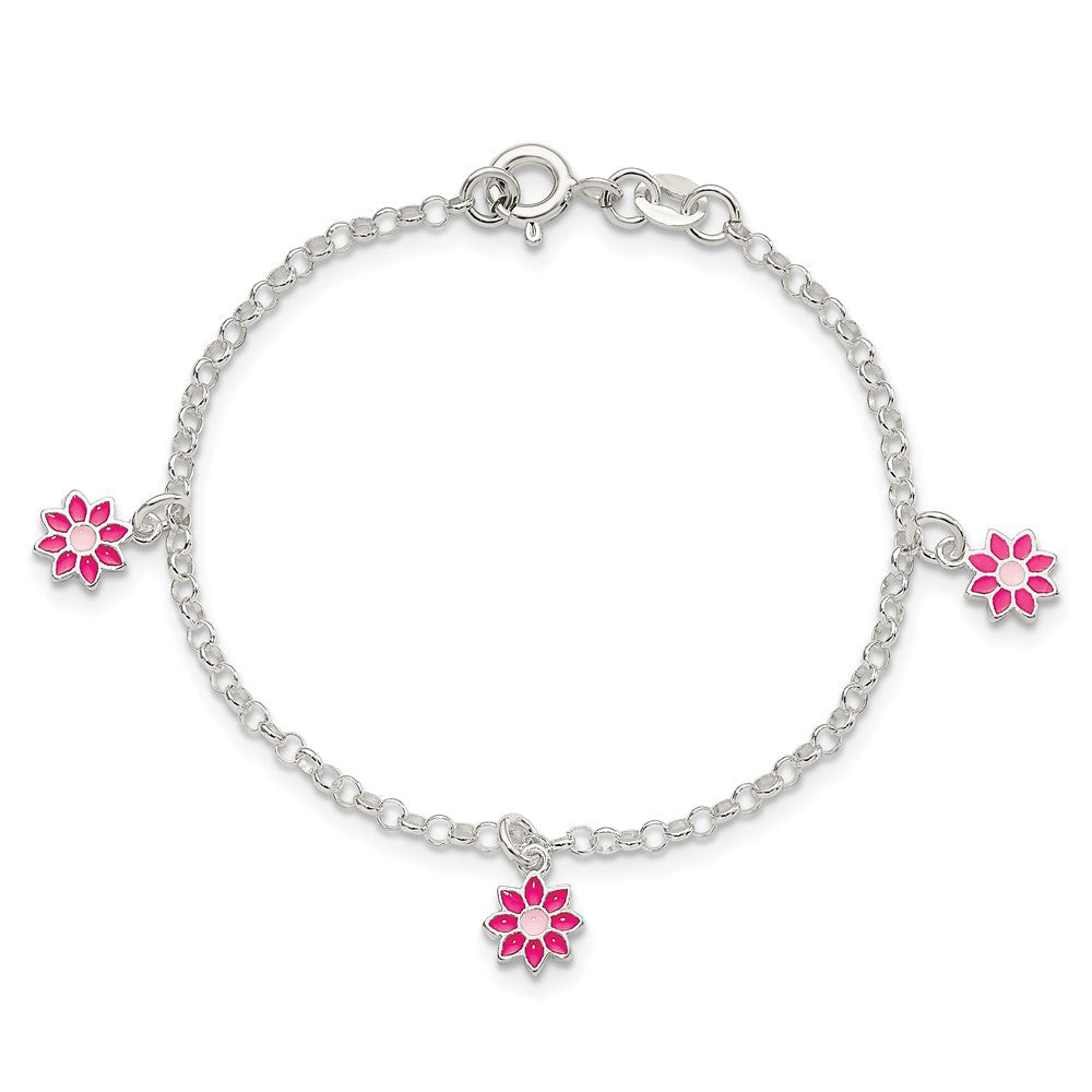 6 Zoll Sterlingsilber Poliert Rosa Emailliert Blumen Kinder Armband