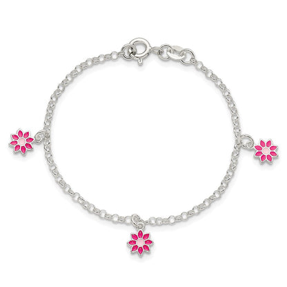 6 Zoll Sterlingsilber Poliert Rosa Emailliert Blumen Kinder Armband