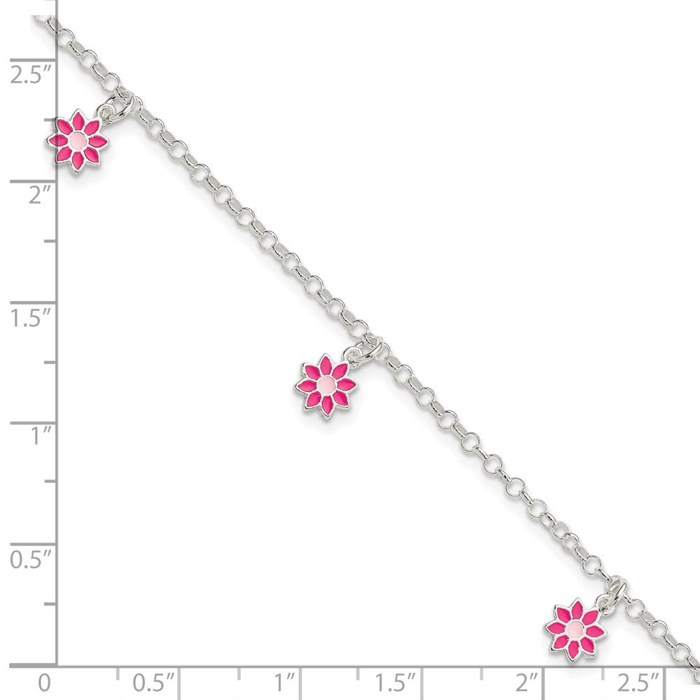 6 Zoll Sterlingsilber Poliert Rosa Emailliert Blumen Kinder Armband
