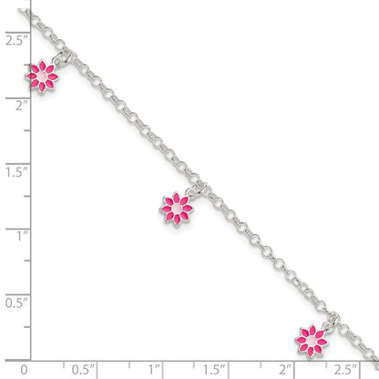 6 Zoll Sterlingsilber Poliert Rosa Emailliert Blumen Kinder Armband