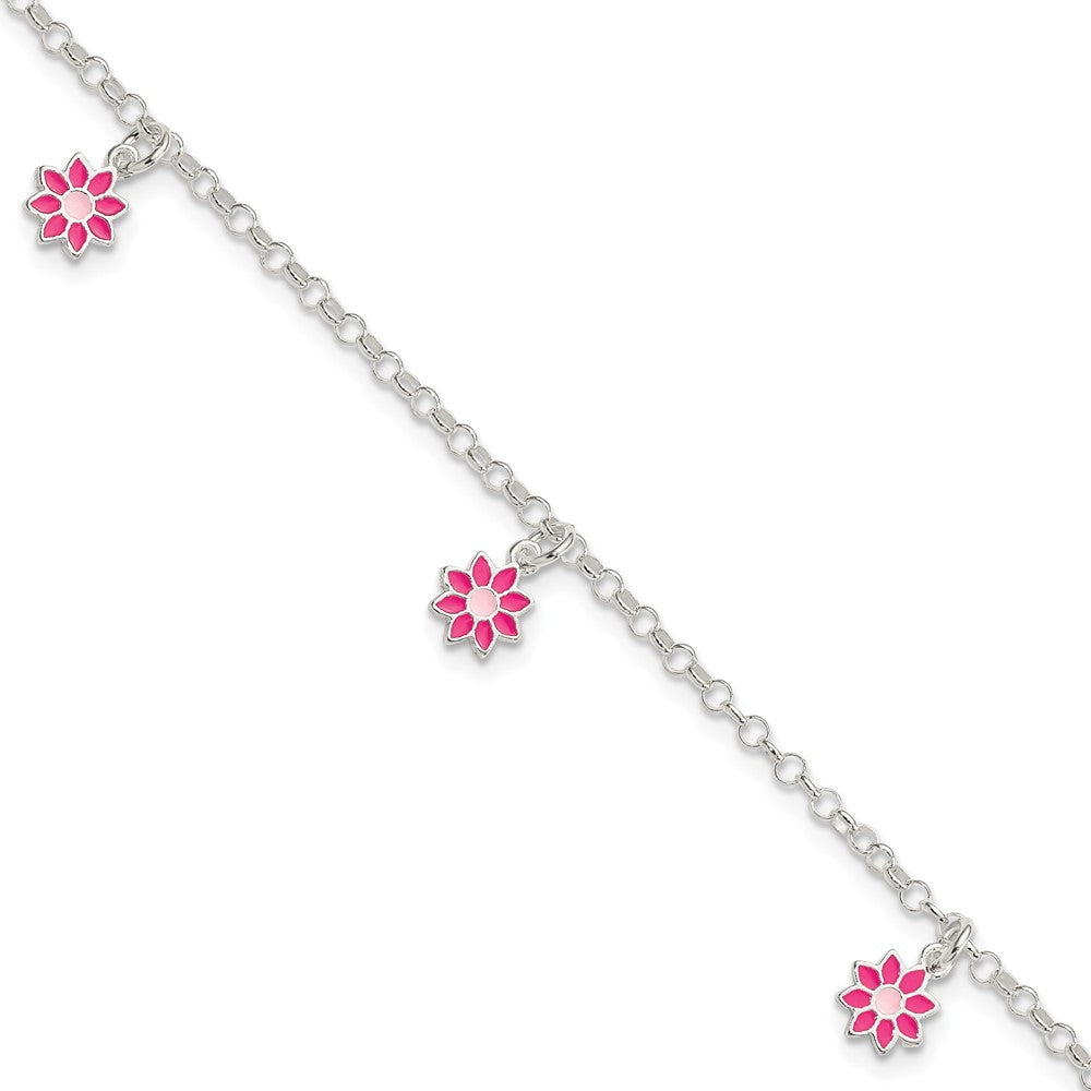 6 Zoll Sterlingsilber Poliert Rosa Emailliert Blumen Kinder Armband