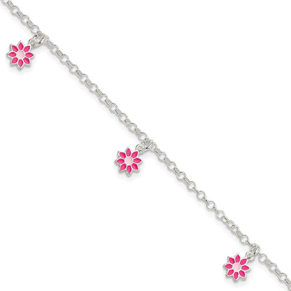 6 Zoll Sterlingsilber Poliert Rosa Emailliert Blumen Kinder Armband