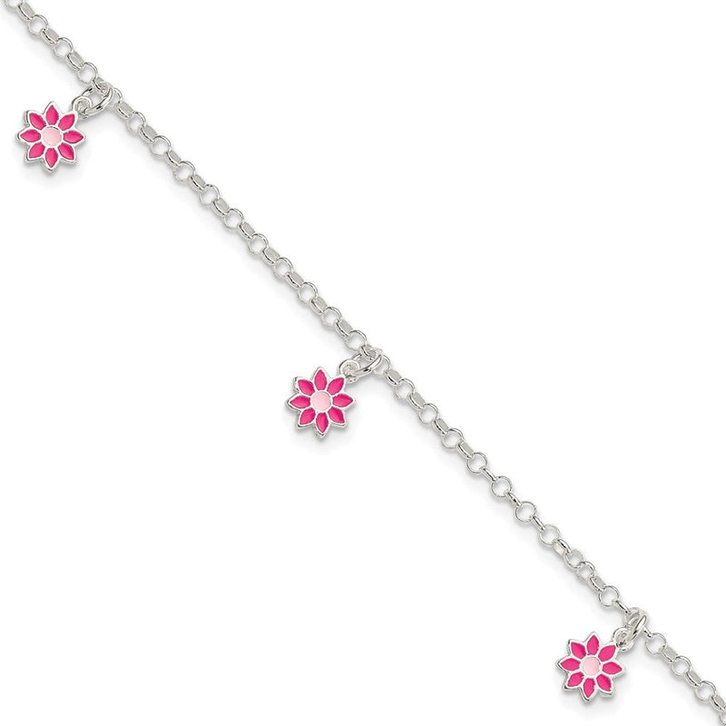 6 Zoll Sterlingsilber Poliert Rosa Emailliert Blumen Kinder Armband