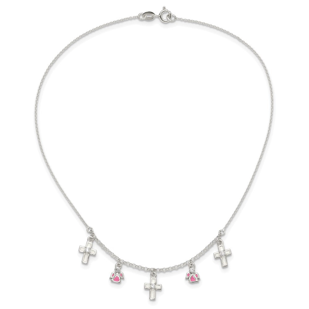 Sterlingsilber Poliert Weiß & Rosa Emailliert Zirkonia Kreuz und Angels Kinder Halskette