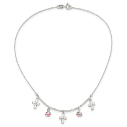 Sterlingsilber Poliert Weiß & Rosa Emailliert Zirkonia Kreuz und Angels Kinder Halskette