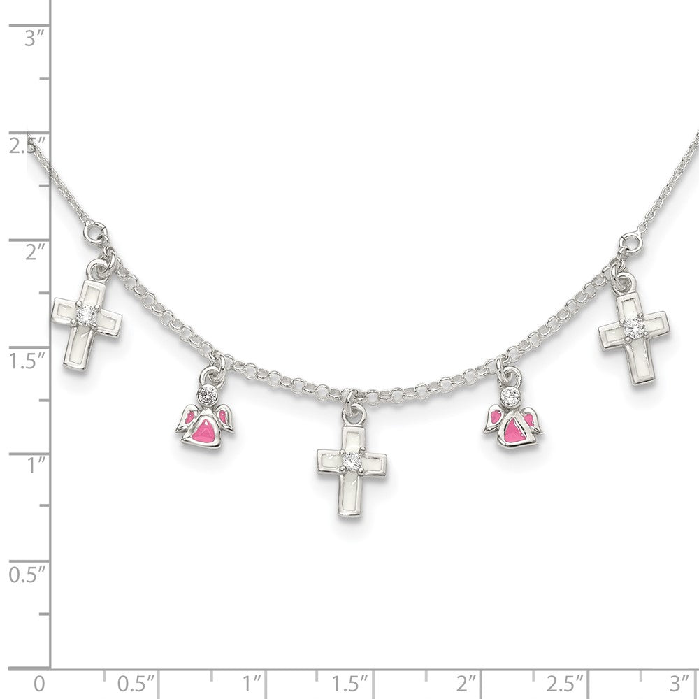 Sterlingsilber Poliert Weiß & Rosa Emailliert Zirkonia Kreuz und Angels Kinder Halskette