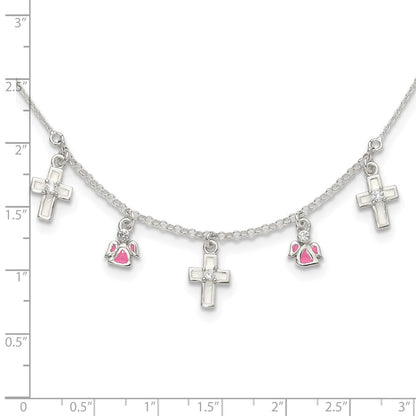 Sterlingsilber Poliert Weiß & Rosa Emailliert Zirkonia Kreuz und Angels Kinder Halskette