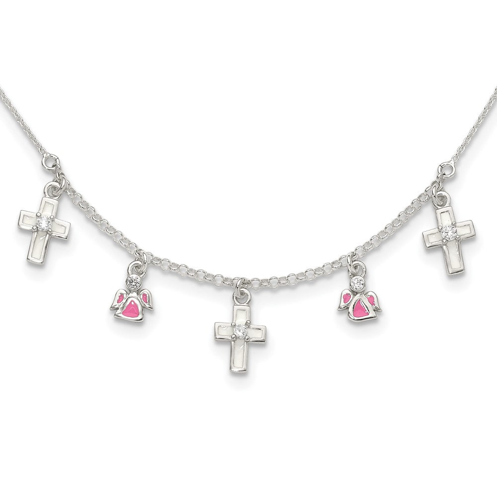 Sterlingsilber Poliert Weiß & Rosa Emailliert Zirkonia Kreuz und Angels Kinder Halskette