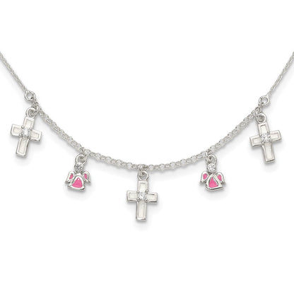 Sterlingsilber Poliert Weiß & Rosa Emailliert Zirkonia Kreuz und Angels Kinder Halskette