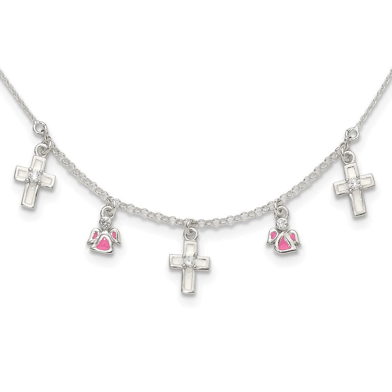 Sterlingsilber Poliert Weiß & Rosa Emailliert Zirkonia Kreuz und Angels Kinder Halskette