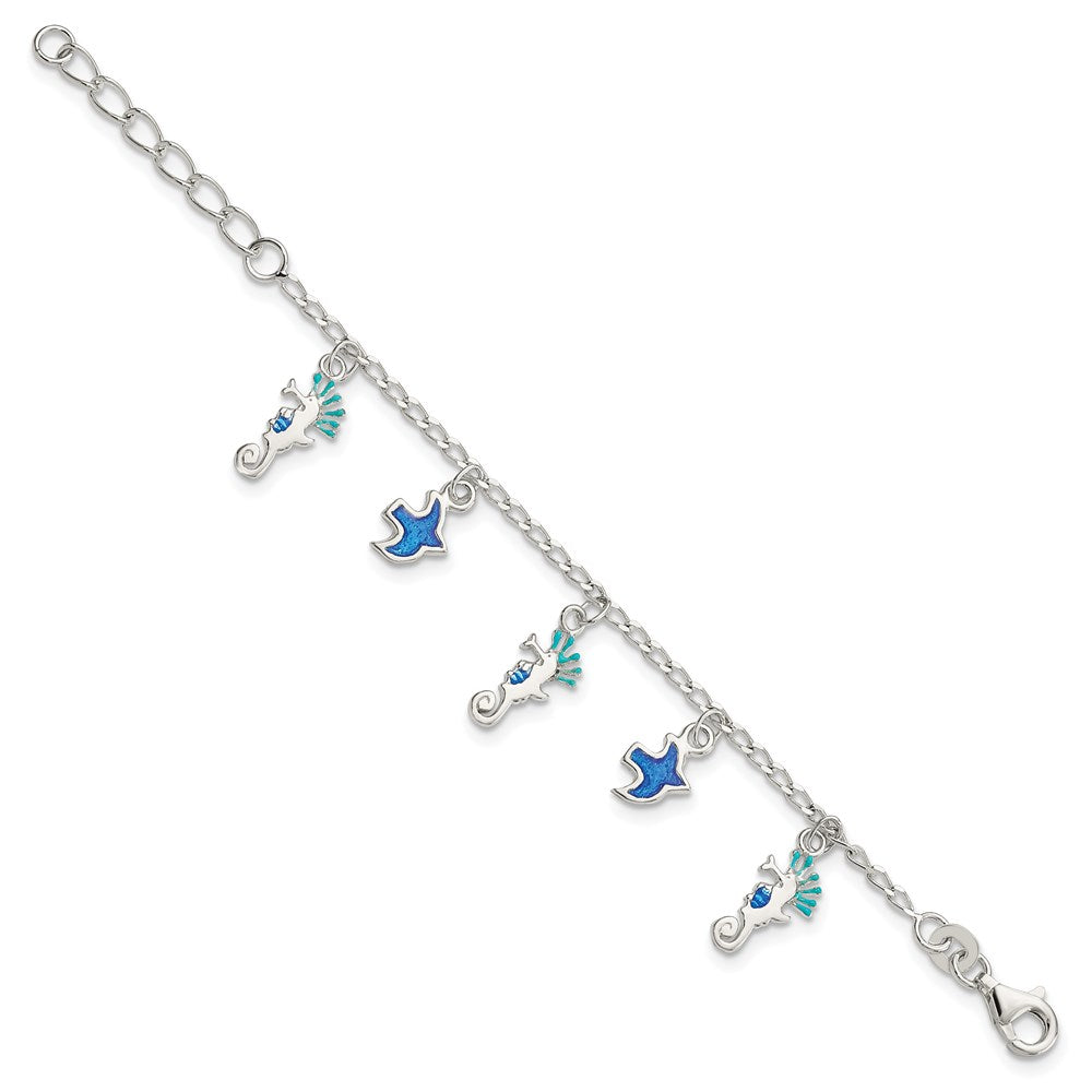 5 Zoll Sterlingsilber Emailliert Seepferdchen & Birds mit 1 Zoll Verlängerung. Kinder Armband