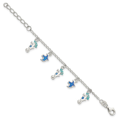 5 Zoll Sterlingsilber Emailliert Seepferdchen & Birds mit 1 Zoll Verlängerung. Kinder Armband