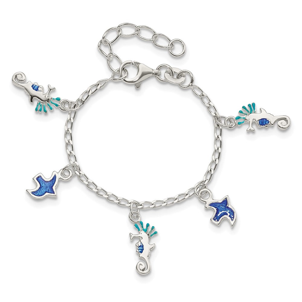 5 Zoll Sterlingsilber Emailliert Seepferdchen & Birds mit 1 Zoll Verlängerung. Kinder Armband