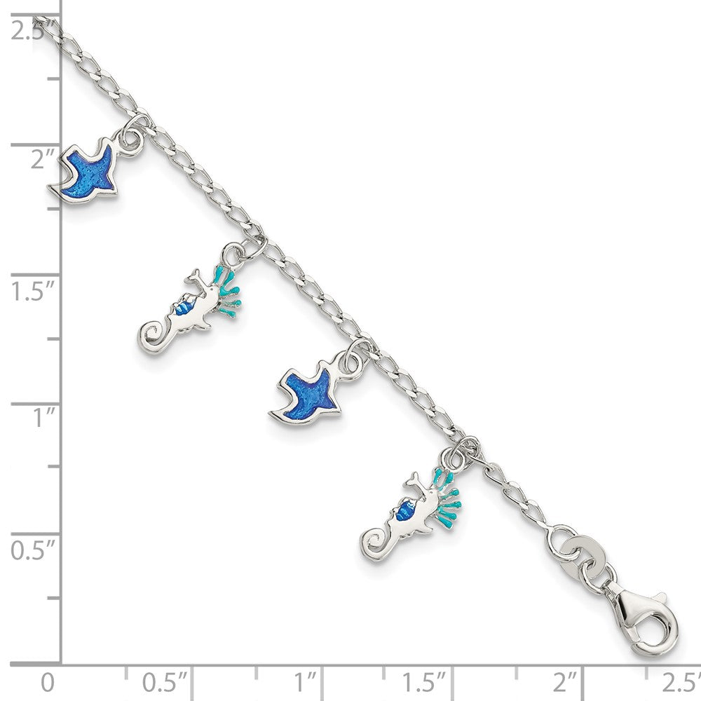 5 Zoll Sterlingsilber Emailliert Seepferdchen & Birds mit 1 Zoll Verlängerung. Kinder Armband