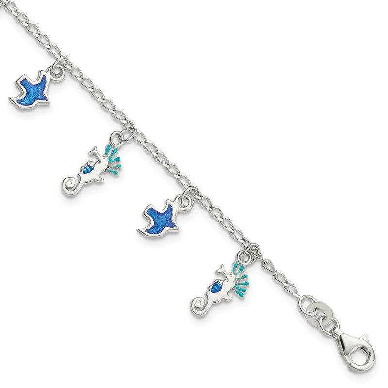 5 Zoll Sterlingsilber Emailliert Seepferdchen & Birds mit 1 Zoll Verlängerung. Kinder Armband