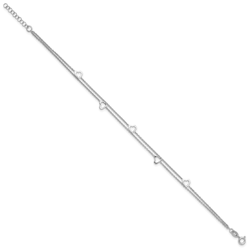 Sterlingsilber Rhodiniert 2-strand 9 in Plus 1 Zoll Verlängerung. Herz Fußkettchen