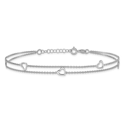 Sterlingsilber Rhodiniert 2-strand 9 in Plus 1 Zoll Verlängerung. Herz Fußkettchen